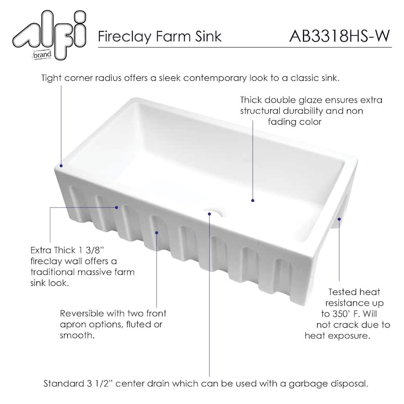 ALFI brand AB3318HS-W Modern 33" x 18" Reversible Fluted / Smooth Single Bowl Rectangular Fireclay Farm Sink - White