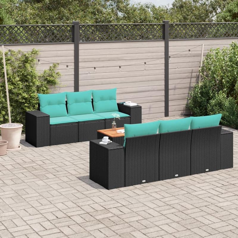 vidaXL 7 Piece Patio Sofa Set with Cushions Black Poly Rattan - 21.7" x 24.4" x 27.2"