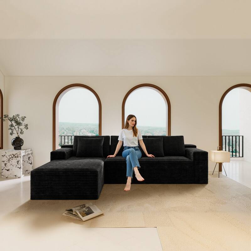 Roomfitters 104.3" Modular Cloud Sectional Sofa, L-Shape Chaise, No Assembly, Deep Seat, Plush Corduroy, Black