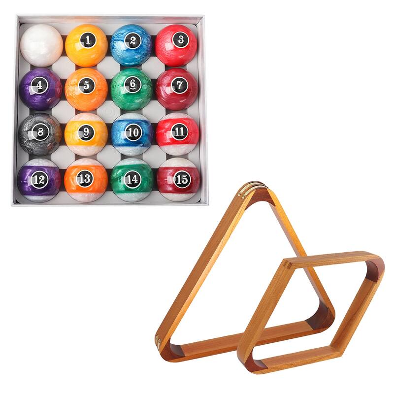 GSE™ 2-1/4"" Regulation Size Billiard/Pool Balls and 8-Ball Triangle & 9-Ball Diamond Rack Set - Billiard Accessory Kit - + Oak Racks - Pearl Balls