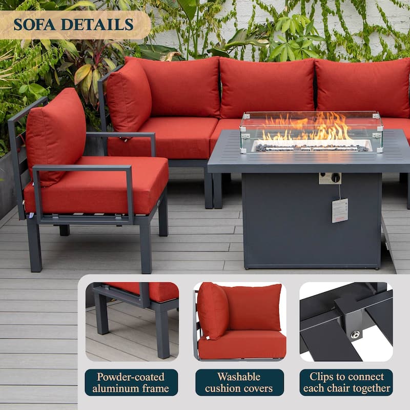 Outdoor 7-Piece Patio Sectional Set Aluminum Frame W/ Fire Pit Table