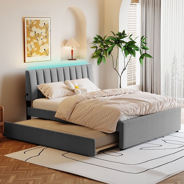 slide 2 of 82, Teddy Fleece Platform Bed with Trundle, Vertical Striped Headboard and Smarter LED Bed Frame, Upholstered Frame Bed Gray - Queen