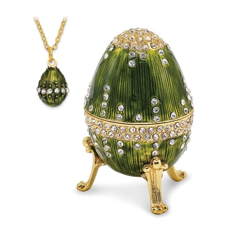 Curata Pewter Crystals Gold-Tone Enameled Regal Green (Plays Swan Lake) Musical Egg on 18 Inch Necklace