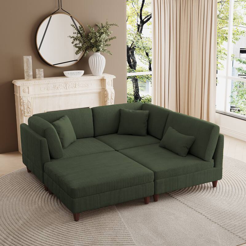 Corduroy Convertible Couch Modular Sectional Sofa with Ottoman