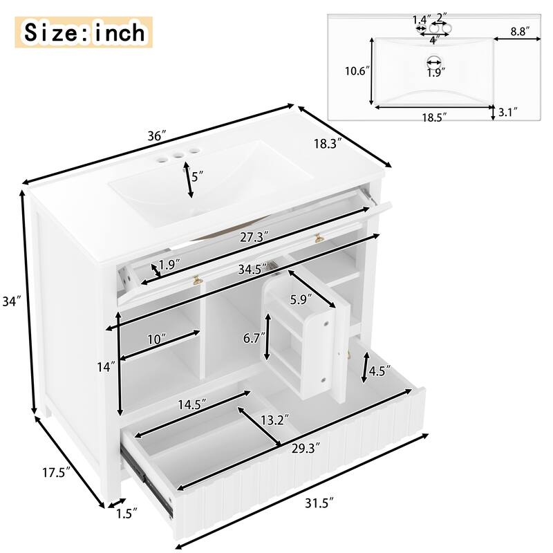 36" Bathroom Vanity with Sink, Solid Wood & MDF Cabinet with Door, Drawer and Open Storage Shelves