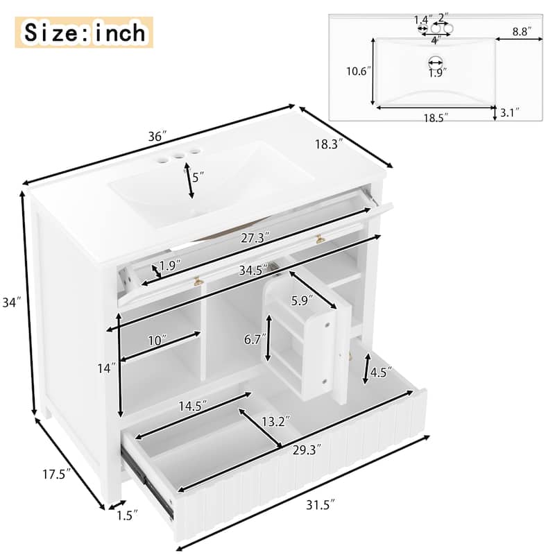 Roomfitters 36 Inch Bathroom Vanity with Sink, Solid Wood Cabinet with Side Shelves and Drawer