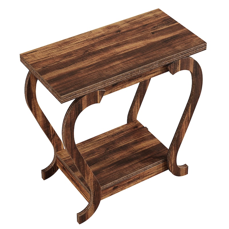 2-Tier End Table, Narrow Wood Side Table with Storage Shelves