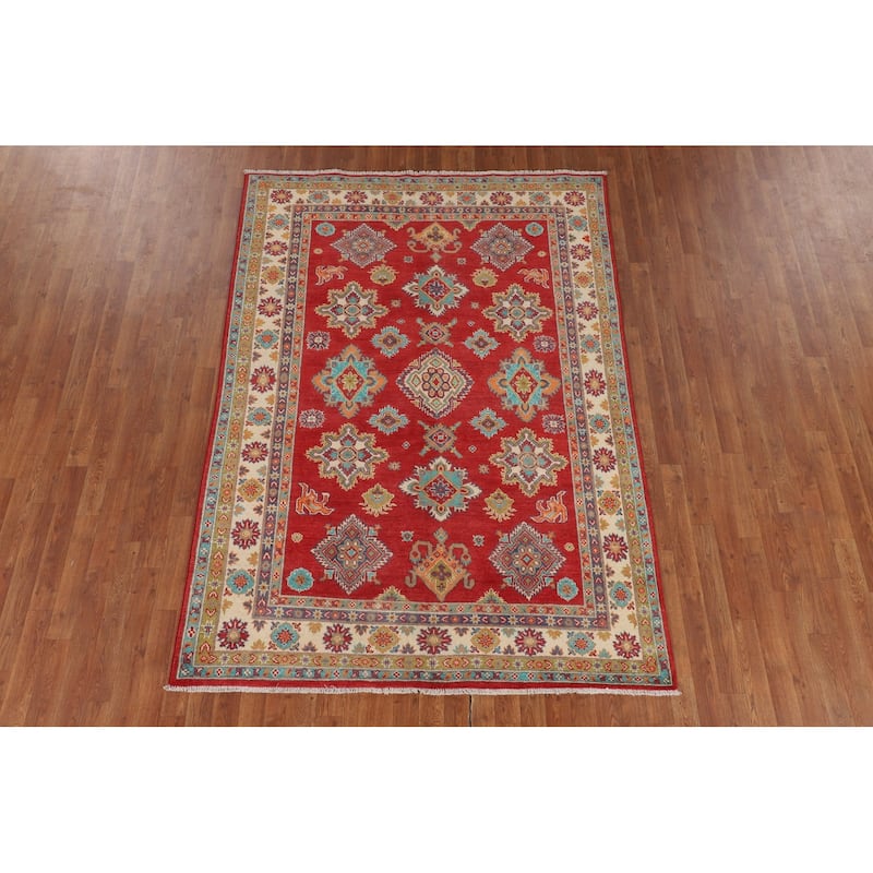 Red Geometric Kazak Area Rug Handmade Traditional Wool Carpet - 5'6" x 7'9"