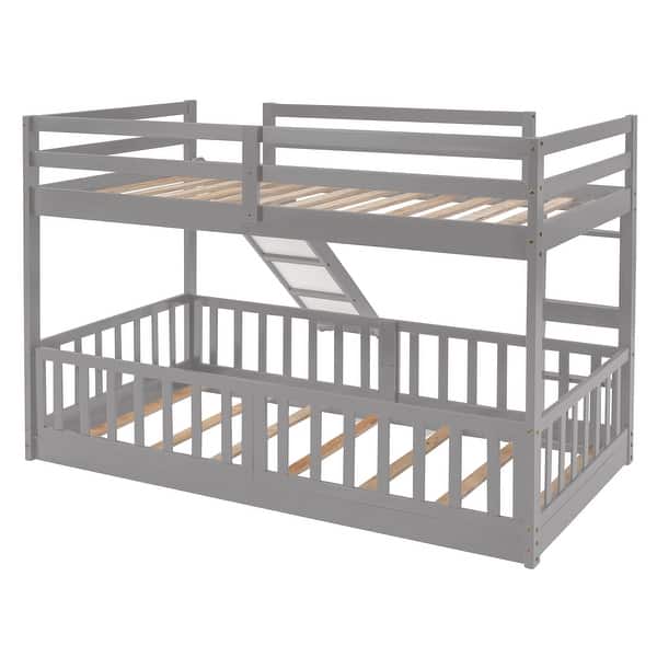 slide 2 of 15, Twin Over Twin Wood Bunk Bed with Slide and Ladder,Safe Full-Length Guardrail Gray