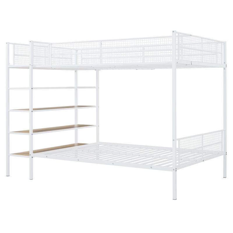 White Twin Over Full Metal Bunk Bed with 5-Tier Shelves