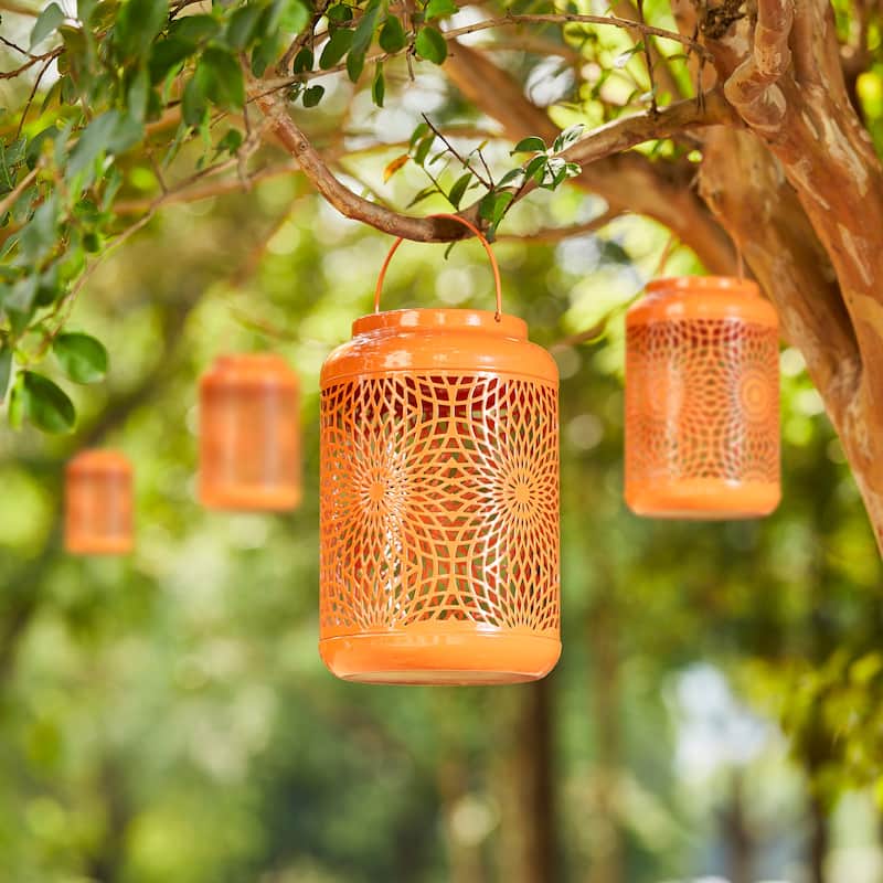 Glitzhome 8.75"H Outdoor Waterproof Metal Solar Hanging Lantern with Flower Leaves Decor - 4PCS Orange-Flower