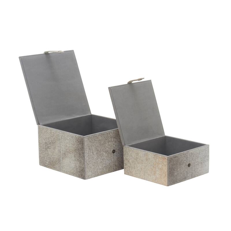 Leather Handmade Decorative Box with Hinged Lid - Set of 2 Gray, Brown, Dark Brown, Gold, Silver - Roche River Decor