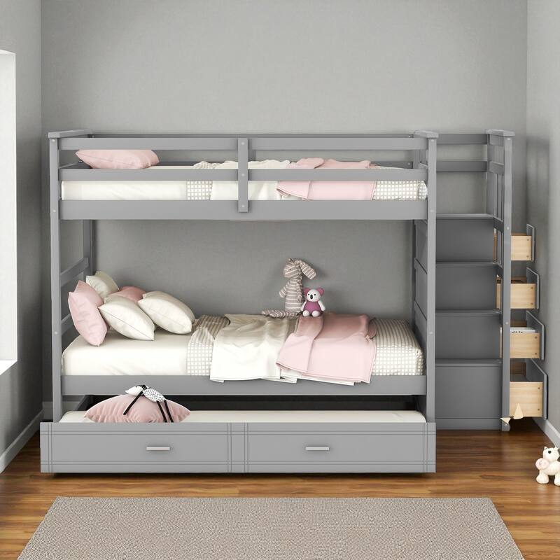 Full Over Full Bunk Bed with Twin Trundle and Storage Staircase, Solid Wood Frame, Space-Saving Design - Grey - Full
