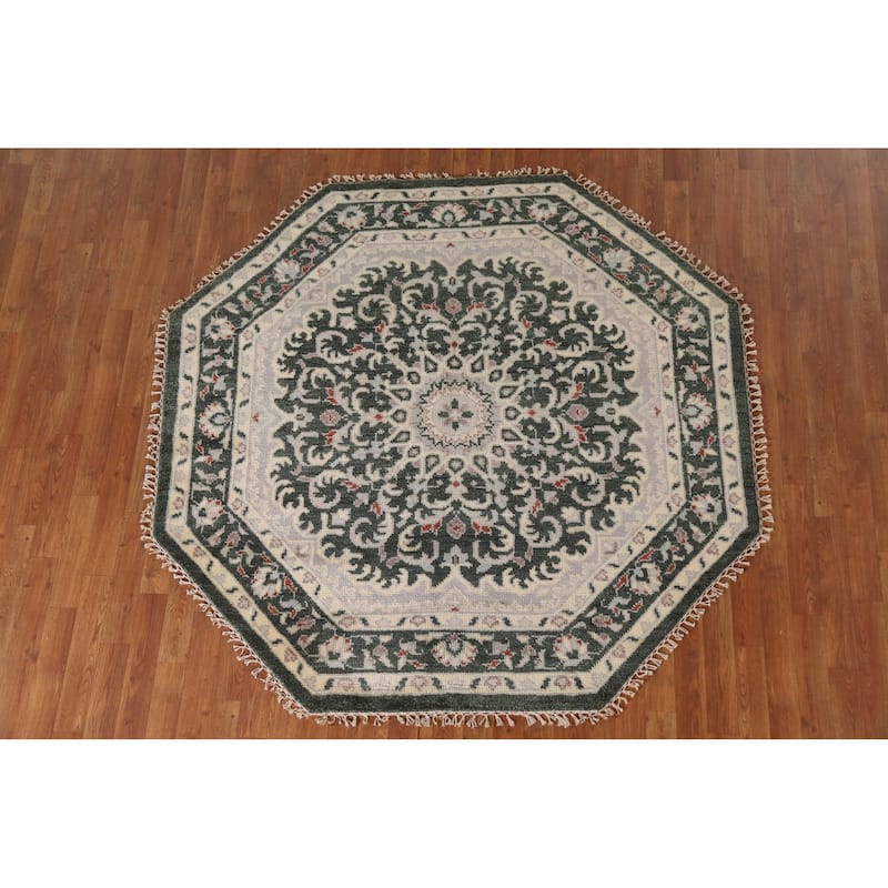 Green Heriz Serapi Indian Octagon Rug Hand-Knotted Wool Carpet - 5'11"x 5'11"