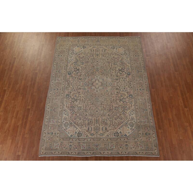 Geometric Tabriz Distressed Persian Vintage Rug Handmade Wool Carpet - 7'10" x 10'9"