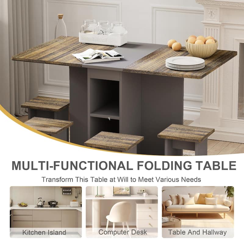 5 Pieces Folding Extendable Dining Table Set with 4 Chairs for 4 Peoples, 55'' Drop Leaf Wood Kitchen Dining Room Table Set with - Brown;Gray