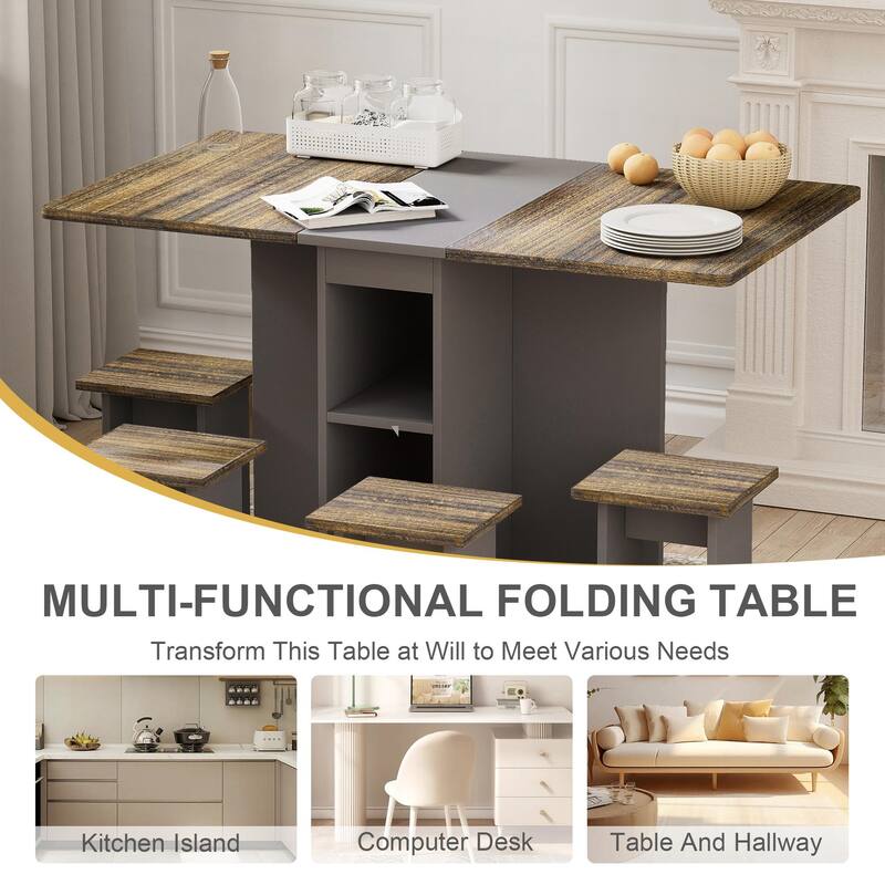 Roomfitters Folding Dining Table Set with 4 Stools, Drop Leaf Kitchen Island on Wheels, Space Saving Console, Brown and Grey - Brown+Grey