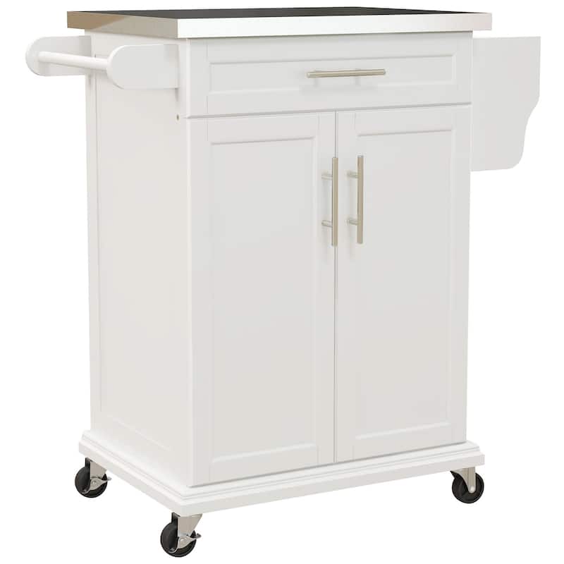 Kitchen Island on Wheels, Rolling Kitchen Cart with Stainless Steel Countertop, Drawer, Towel Rack and Spice Rack - Cream White