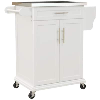 Kitchen Island on Wheels, Rolling Kitchen Cart with Stainless Steel Countertop, Drawer, Towel Rack and Spice Rack