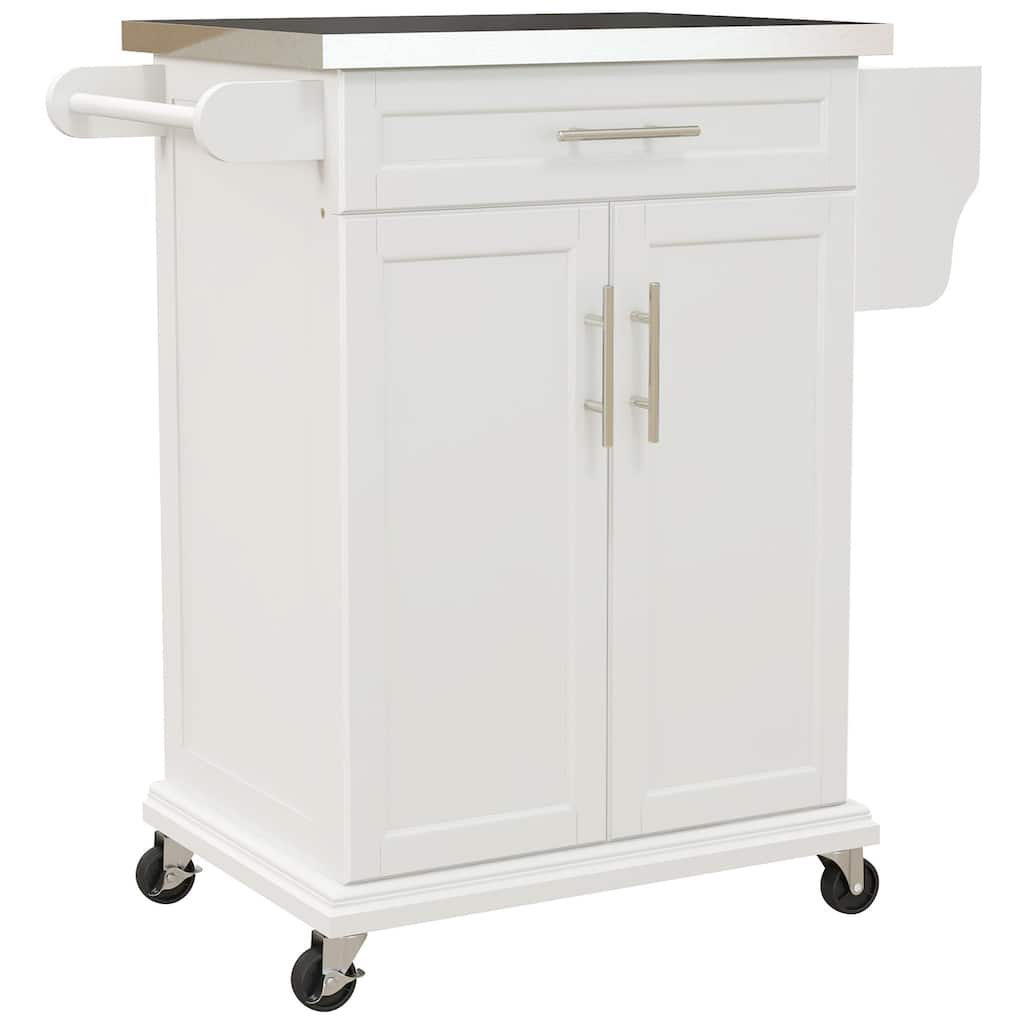 Kitchen Island on Wheels, Rolling Kitchen cart with Stainless Steel Countertop, Drawer, Towel Rack and Spice Rack