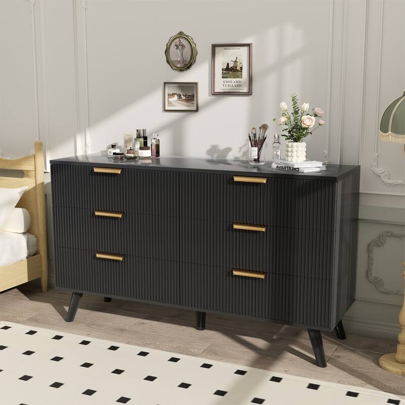 Gymojoy Fluted 6 Drawer Dresser with Gold Metal Handles, Modern Chest of Drawers for Living Room, Bedroom, Apartment