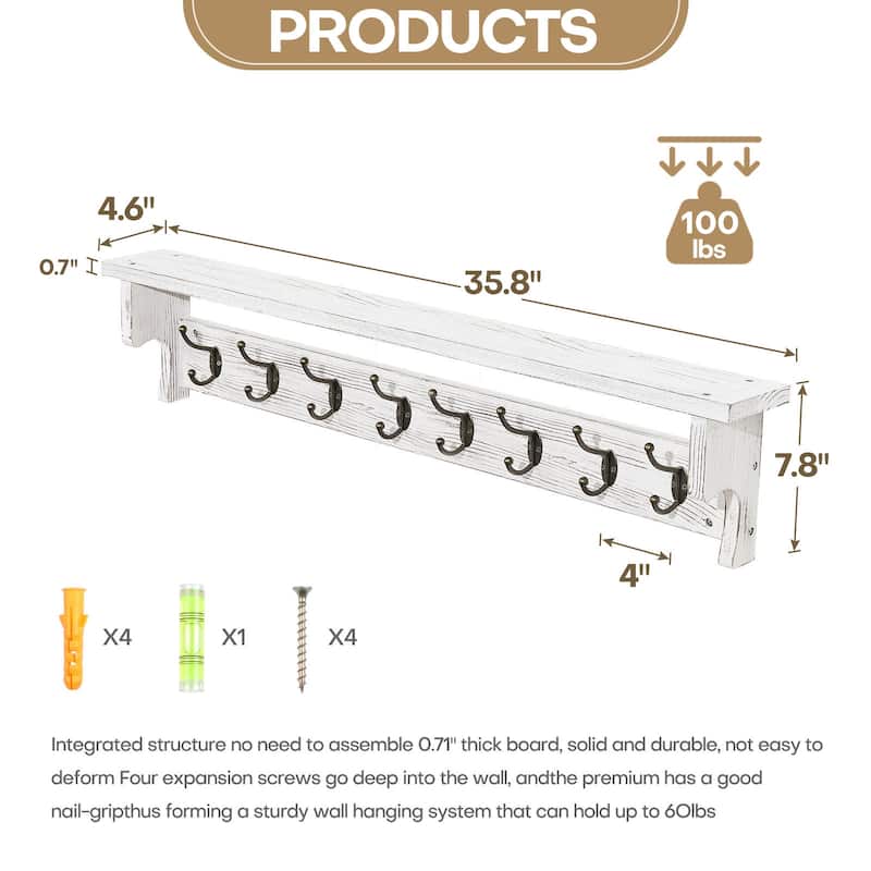 35.8" Wall Mounted Coat Rack with Storage Shelf & Metal Hooks - 35.8"L x 4.6"D x 7.8"H