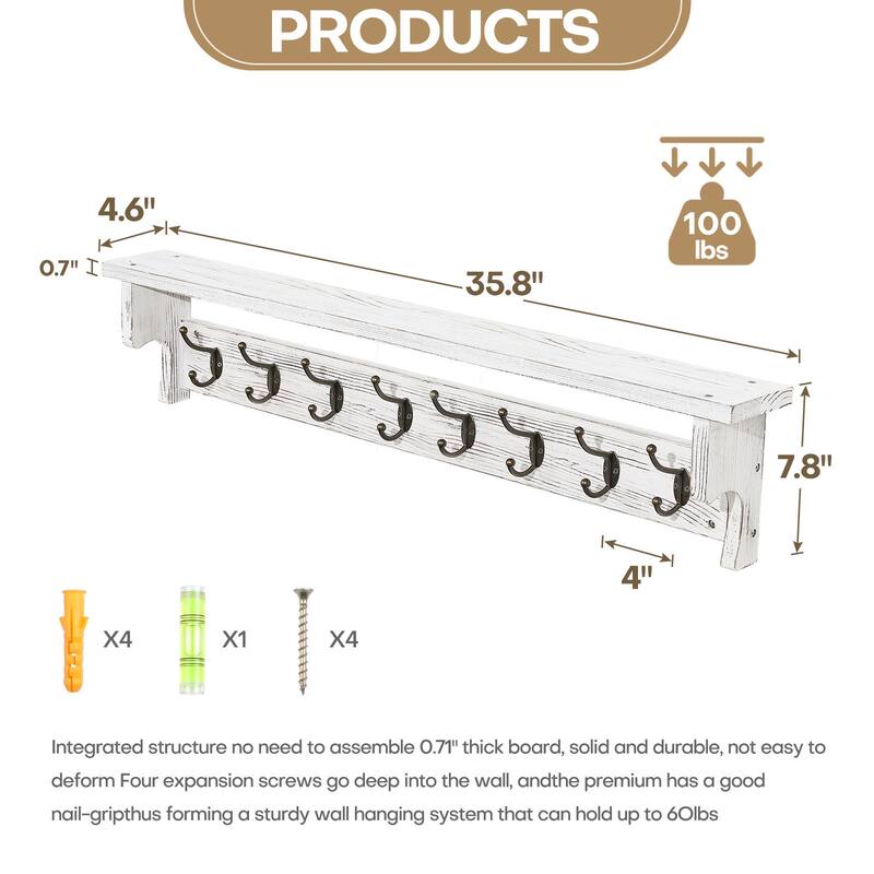 Rustic Wall Mounted Coat Rack with Storage Shelf & Metal Hooks