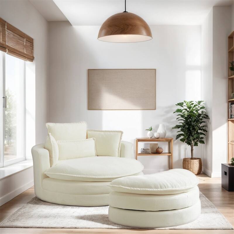 52" Swivel Fabric Big Round Chair with Storage Ottoman and Pillows