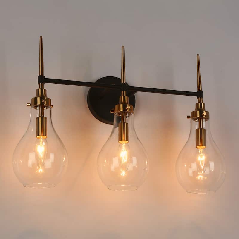 Synia Mid-Century Modern Black 3-Light Bathroom Vanity Lights Globe Wall Sconce Dimmable - L 21.6" x W 7.1" x H 14.5"