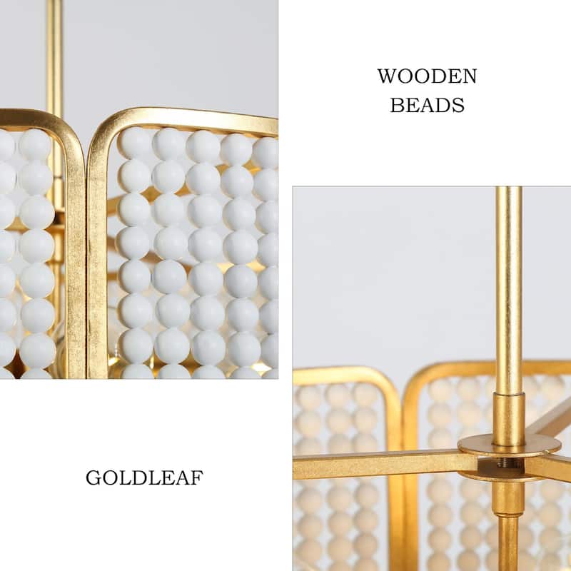 Modern 5-Light White Gold Chandelier with Goldleaf White Wooden Beads for Dining Room - 22 " W × 7.9 " H