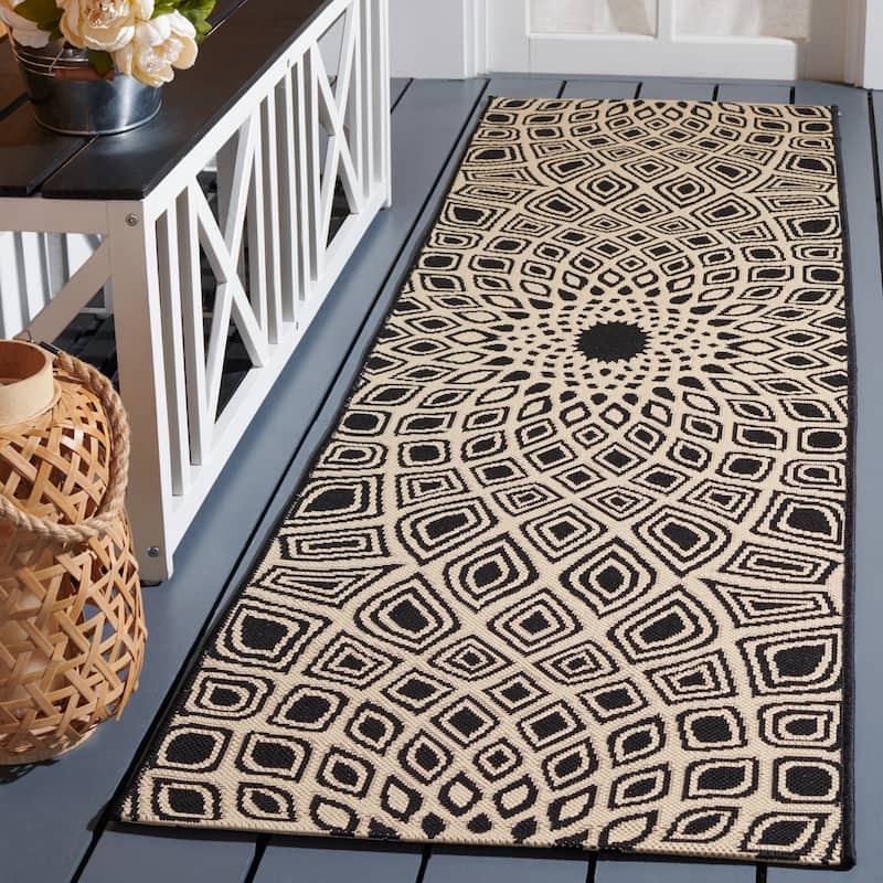 SAFAVIEH Courtyard Misako Indoor/ Outdoor Waterproof Patio Backyard Rug - 2'3" x 8' Runner - Black/Beige