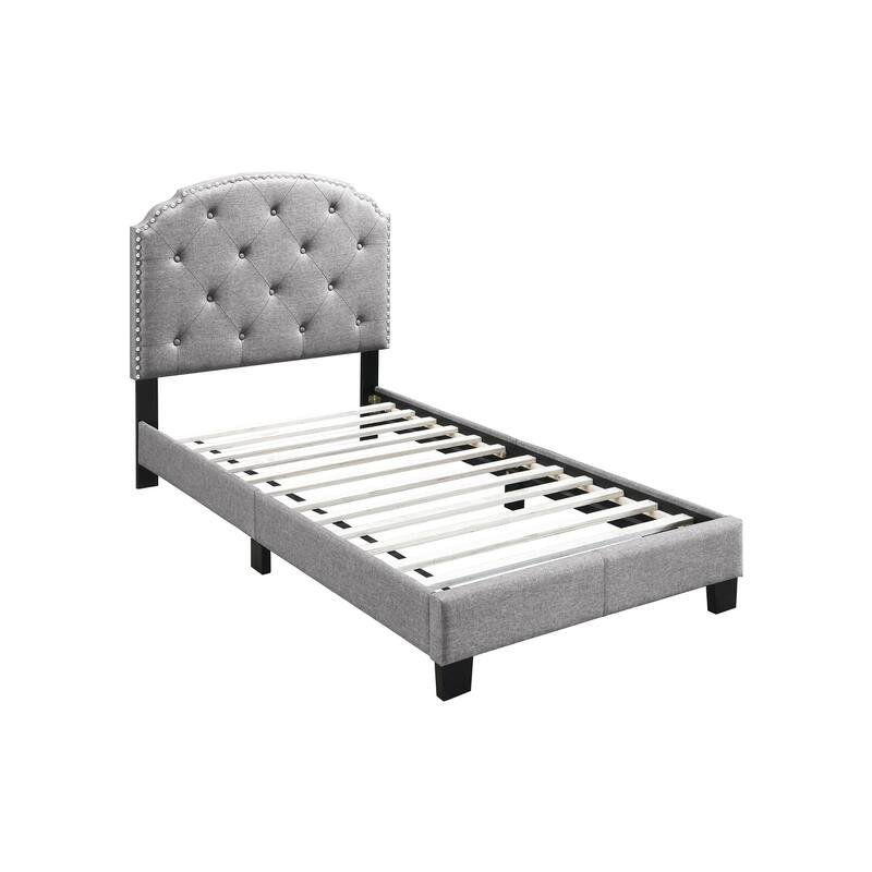 Light Gray Burlap Twin Bed with Nailhead Trim & Button Tufted Design!