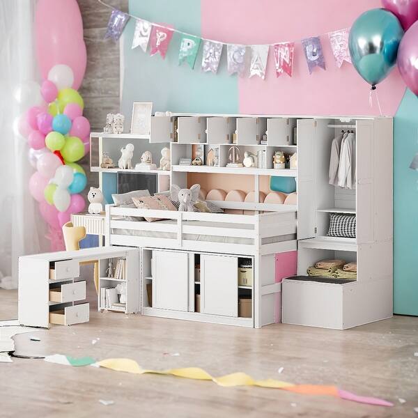 slide 2 of 29, Multifunction Full Size Loft Bed With Under-bed Desk and Drawers and Shelves White
