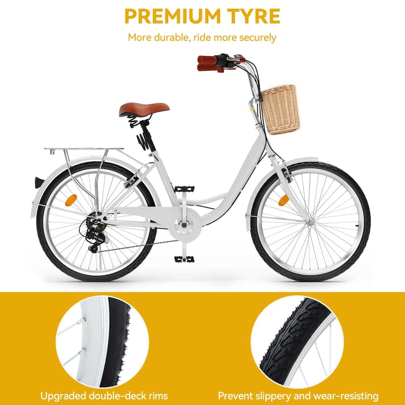 26"White Beach Cruiser Bike 7 Speed Commute Bike for with Adjustable Seat - 26"