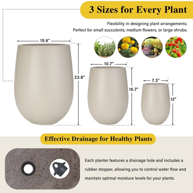 Lightweight Round MGO Outdoor Planter Set-3 Sizes (15.6"/10.74"/7.3"),Large Outdoor Indoor Flower Pots with Drainage Hole