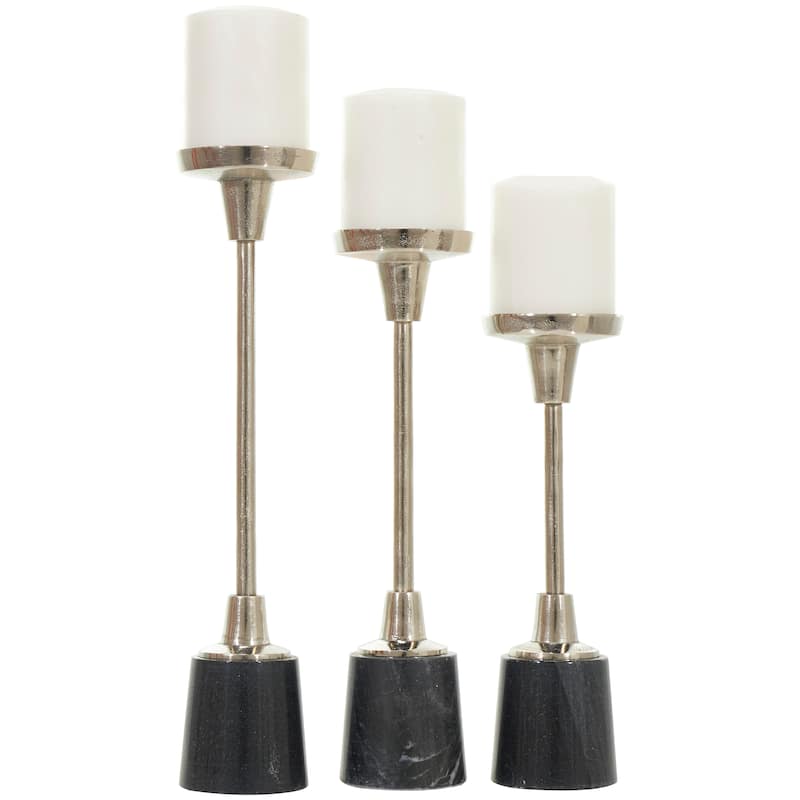 Silver Aluminum Slim Geometric Candle Holder with Black Marble Base (Set of 3)