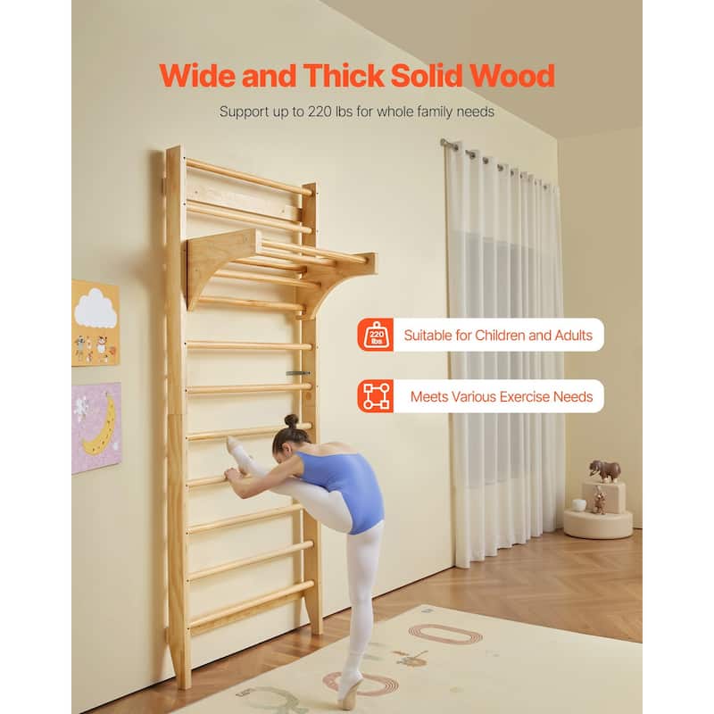 Beige Pine Wood Swedish Wall Ladder Indoor Playground Gym for Kids and Adults with 10 Level Climbing Bars 220 lbs Capacity