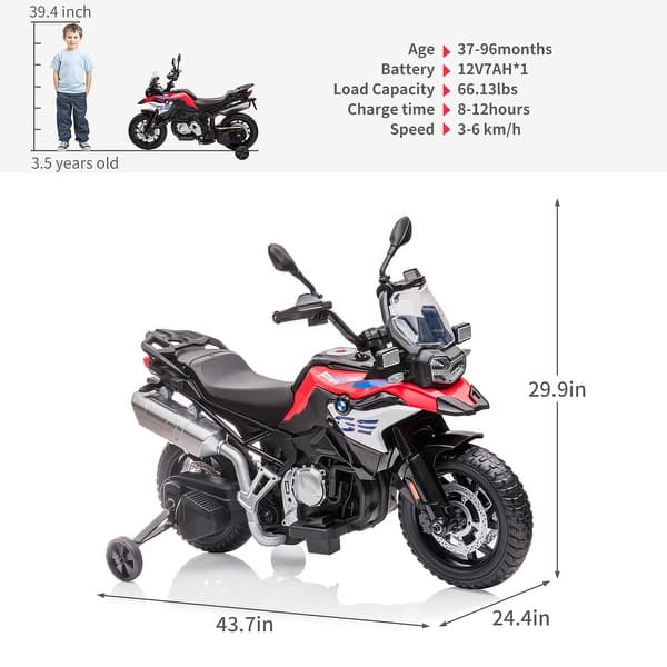 dimension image slide 1 of 3, 12V 7AH Ride On Motorcycle, High/Low Speed, LED Headlights