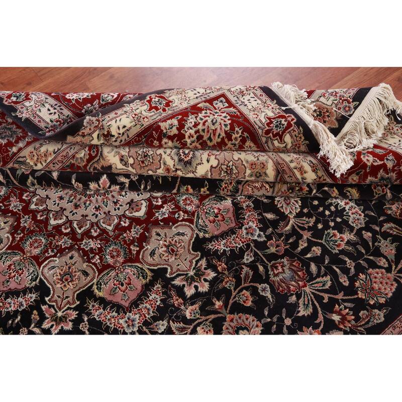Hand Knotted Oriental Wool & Silk Carpet Traditional Floral Navy Blue & Blues Tabriz Area Rug - 9' 8'' X 7' 10''