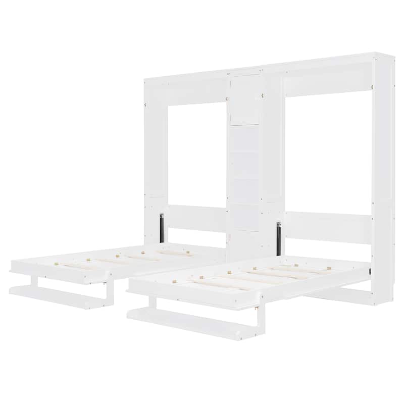 Dual Twin Wall Murphy Bed with Storage Cabinet and Display Shelves, Foldable Wooden Bed Frame for Apartments or Guest Rooms