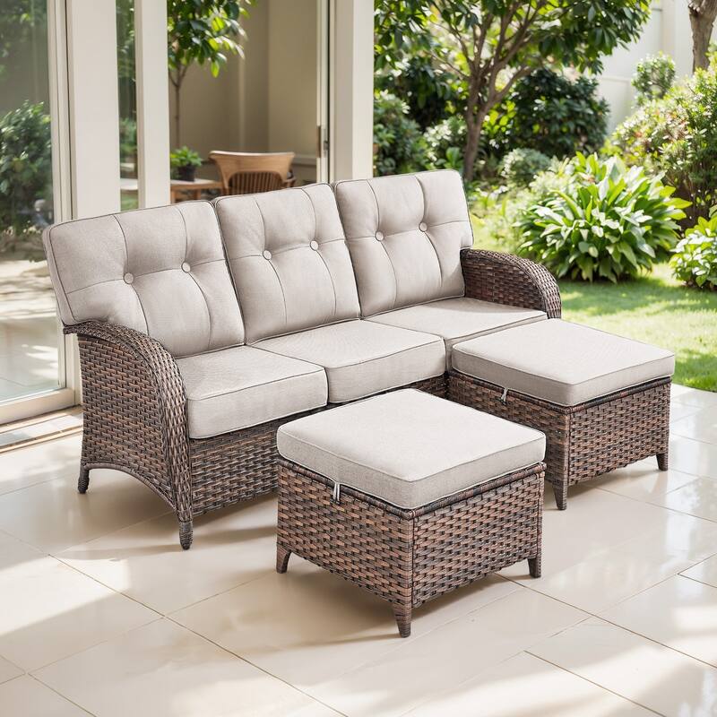 TWrap Brown Wicker Patio 3-Piece Sofa Set with 5-Inch Thick Cushions and 2 Ottomans