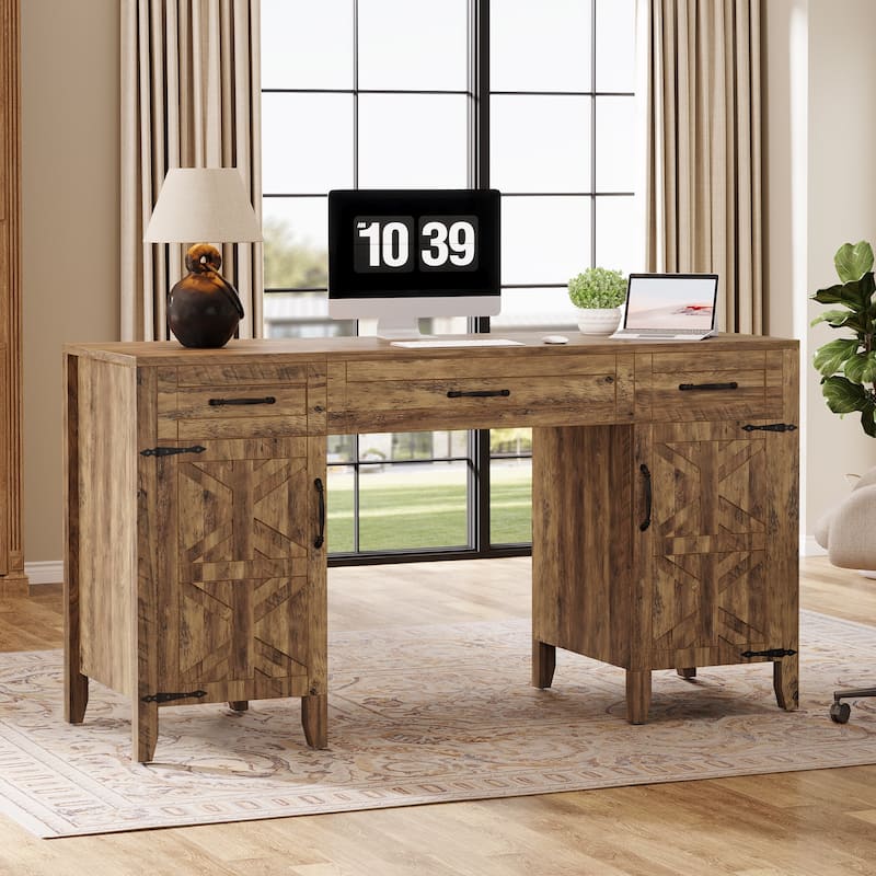 59 Inch Wooden Executive Desk with Drawers and Cabinets