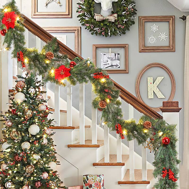 6 ft Christmas Garland for Mantle, Battery Operated Poinsettia Garland - N/A