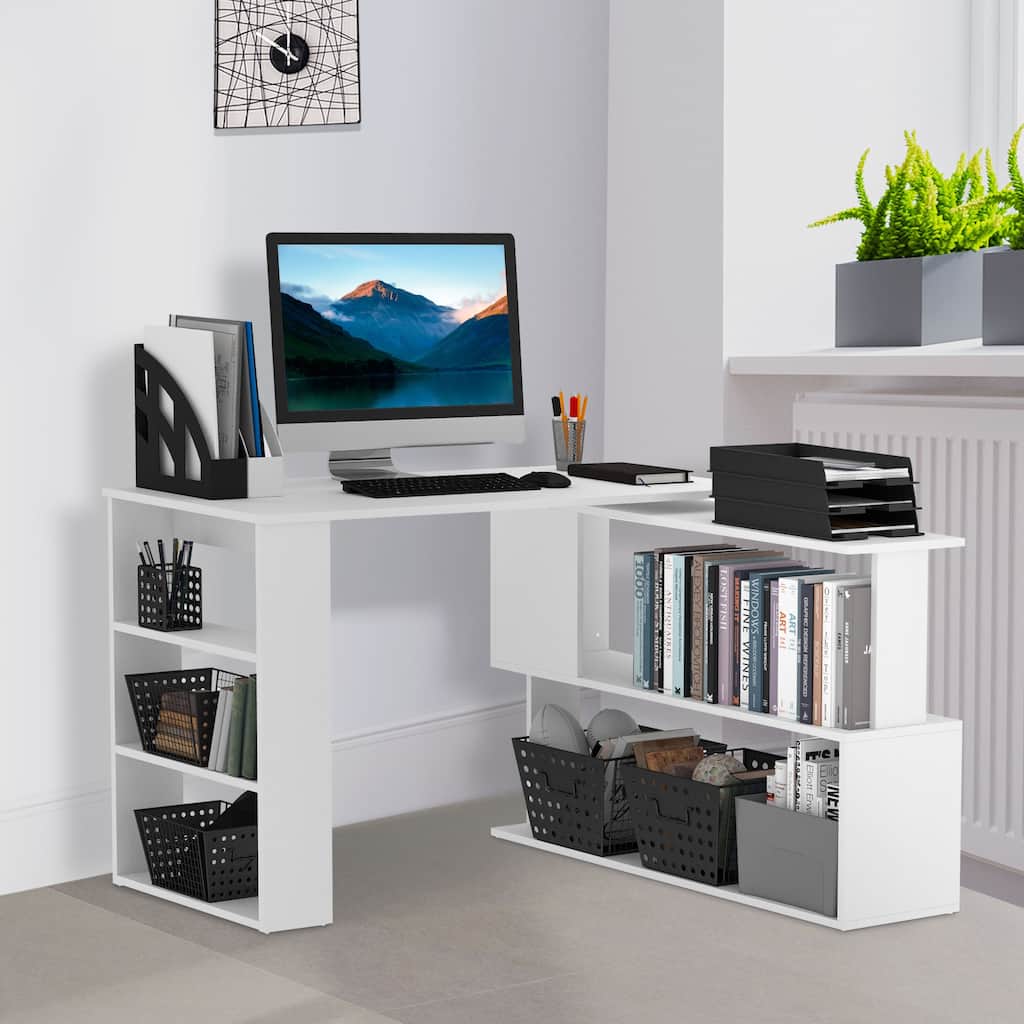 HOMCOM 360° Rotating L-Shaped Corner Desk: White, with Storage Shelves