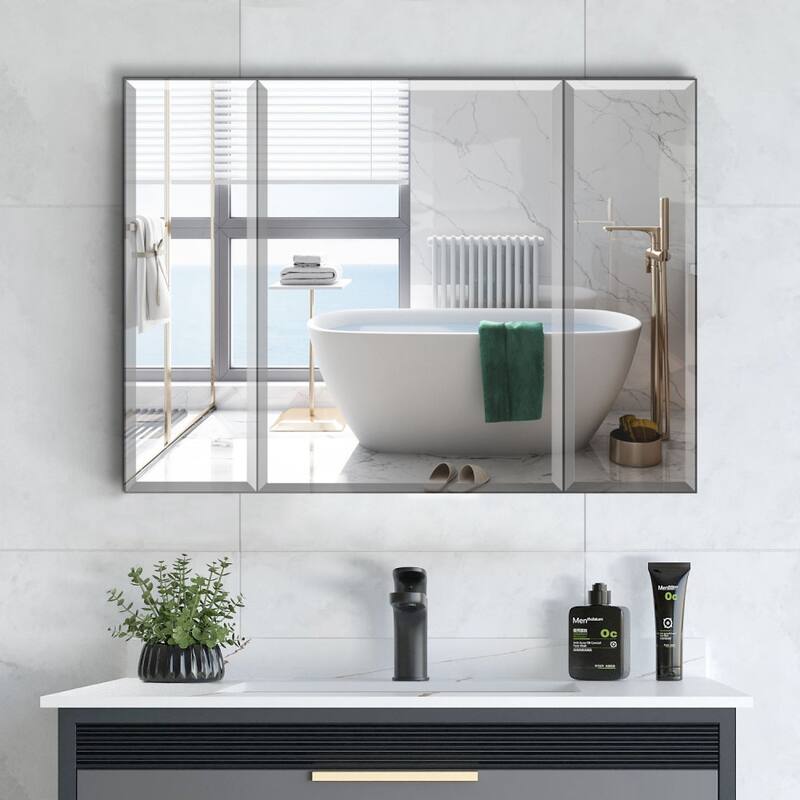 Silver 36 in. W × 26 in. H Rectangular Aluminum Surface Mount Bathroom Medicine Cabinet with Mirror 3 Doors - 36''×26''