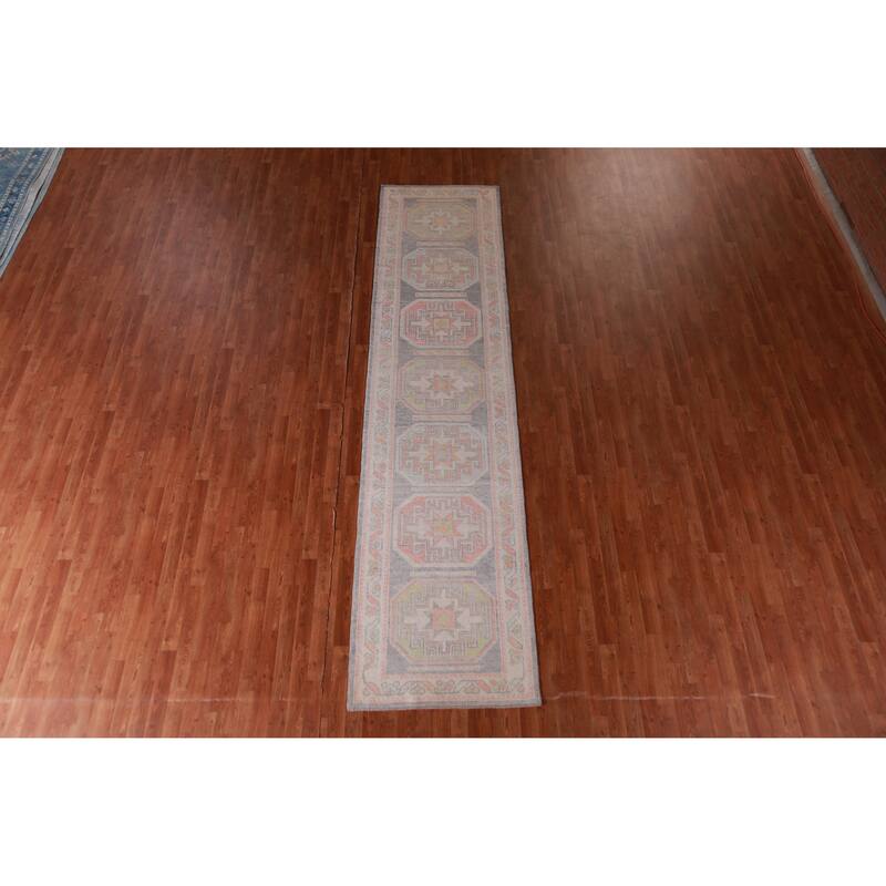 Hand Knotted Oriental 100% Wool Carpet Transitional Geometric Greys & Charcoal Oushak Runner Rug - 13' 0'' X 3' 1''