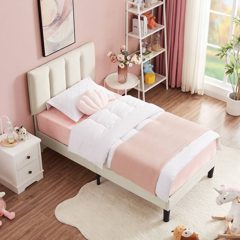 VECELO Beige Tufted Upholstered Platform Bed Frame with Adjustable Height Headboard-Twin/Full/Queen Size Beds