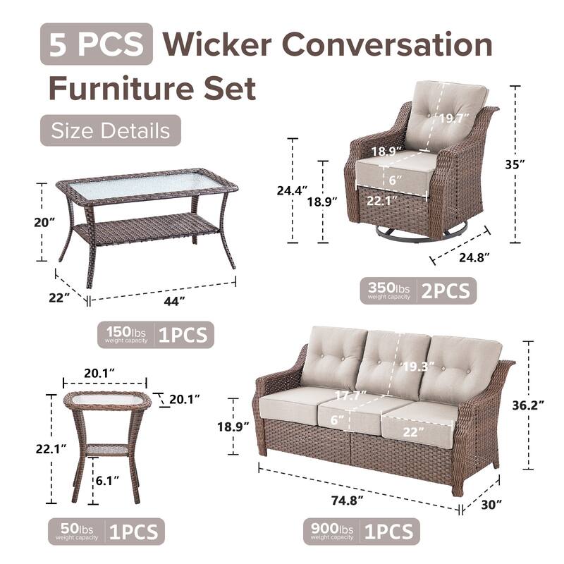 Gymojoy Wicker Patio Furniture Sofa Set, 6-Inch Ultra Thick Cushioned 360°Swivel Glider Chairs & Sofa Set