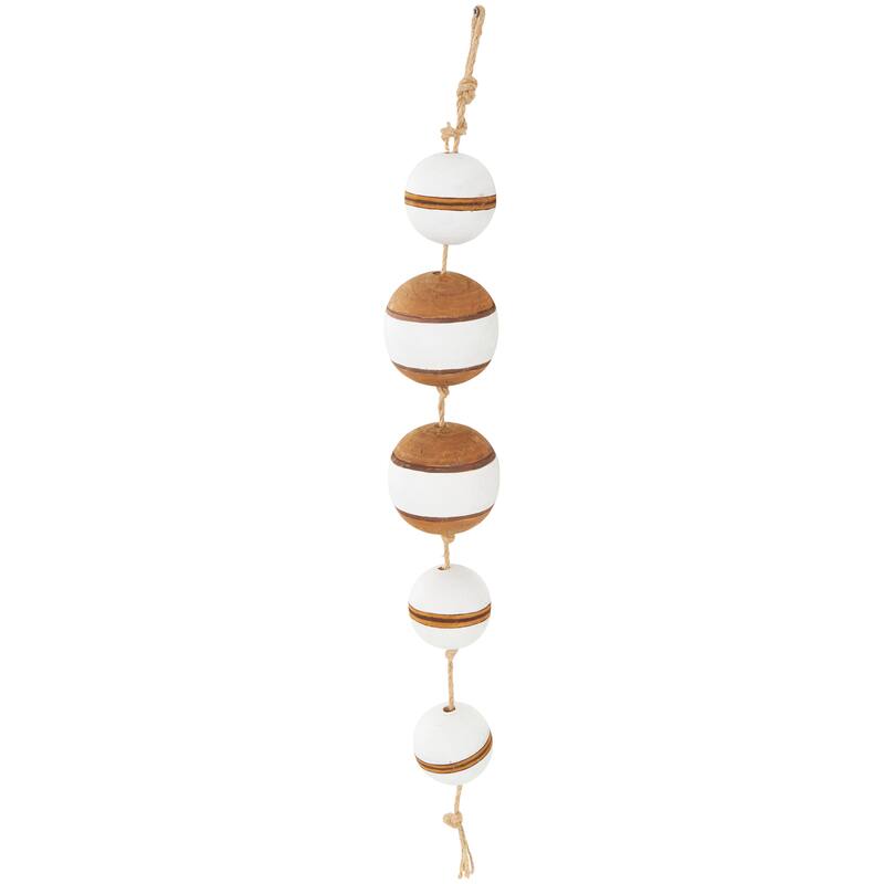 Brown Wood Two-Toned Striped Hanging Buoy Home Wall Decor with White Accents and Jute Rope