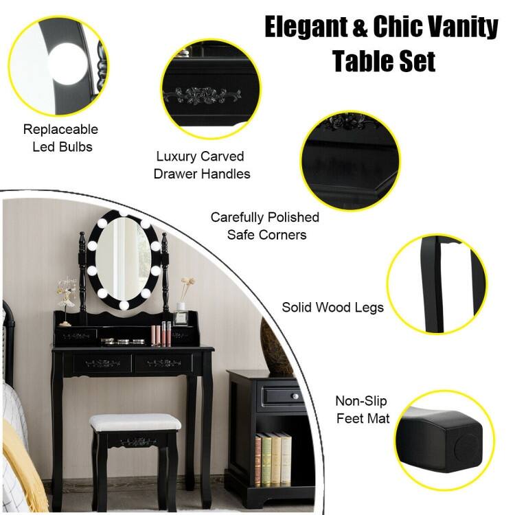 4 Drawers Vanity Table Dressing Table with Touch Switch-Black - 29.5"(L) x 16"(W) x 57"(H)